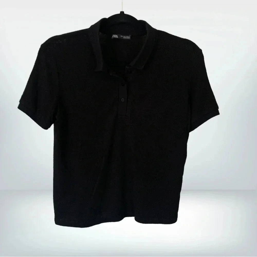 Zara Black Short Sleeve Cropped Polo Shirt, size S